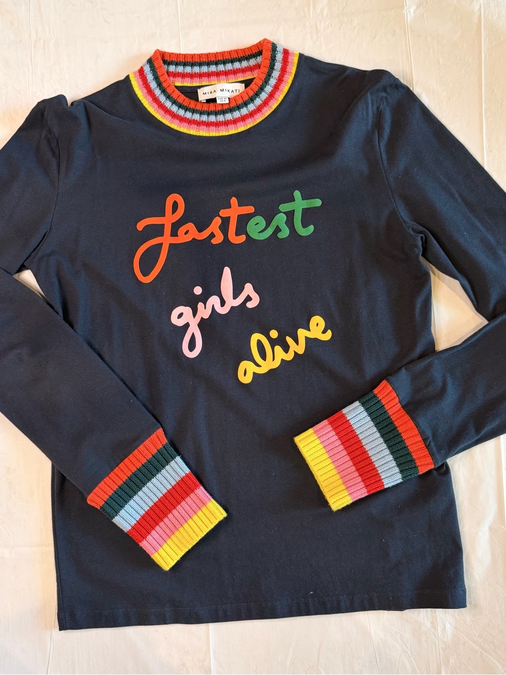 Mira Mikati Fastest Girls Alive Navy Rainbow Trim Long Sleeve Top US 8 EU 40